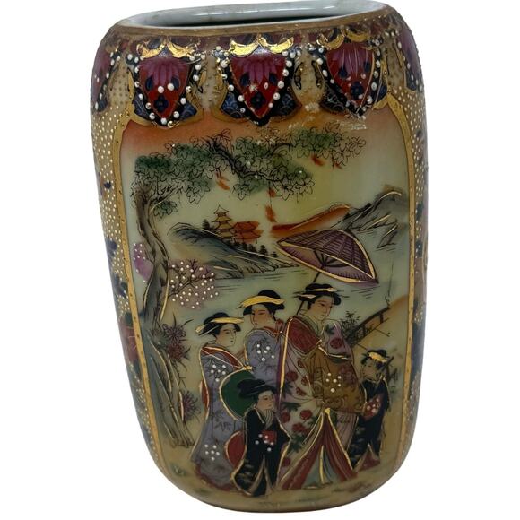 Antique Japanese Satsuma Vase Hand Painted Gilded Geisha Scene 7” - Picture 2 of 6